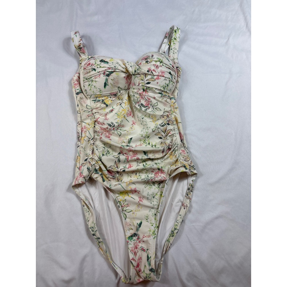 Nip Tuck Swim Floral Ruched One Piece Swimsuit Cream Pink Yellow Multi Fit Cup 4
